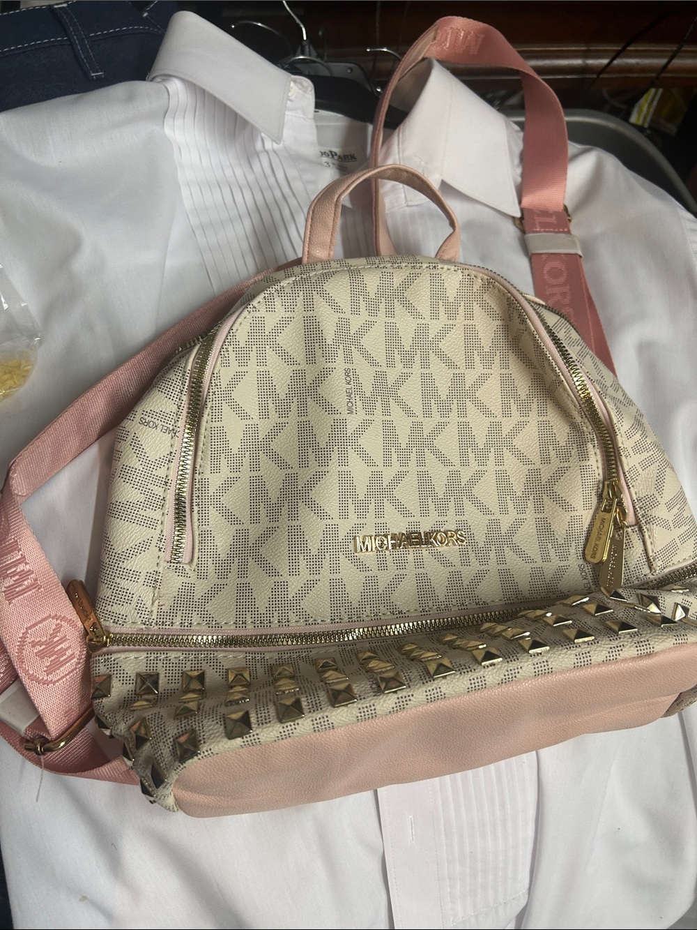 Michael Kors Cream & Pink Signature MK Studded Backpack